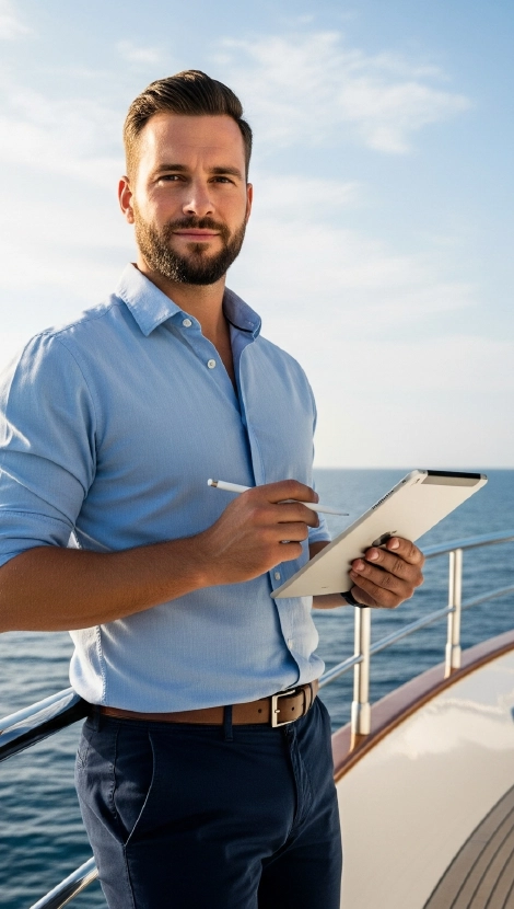Man on a cruise ship writing on a tablet - Galaxy Cruises - B2B info